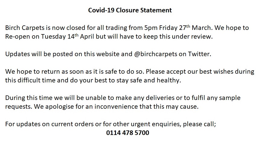 birchcarpets's tweet photo. Statement regarding #coronavirus closure below. https://t.co/SOfURnD1qE