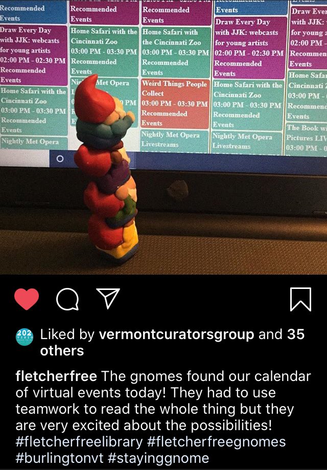 appleandthebee's tweet photo. Adorable and useful, advertising of services and materials, #staygnome effort from @FletcherFree in #btv #Vermont! Can’t wait to see more on your Instagram. Thanks for sharing @mreeVT! #vtlibraries #librariesfromhome #thisisVT #gnomesweethome #LISMentalHealth @VermontLib @VTLabor https://t.co/iHrNolkpBu