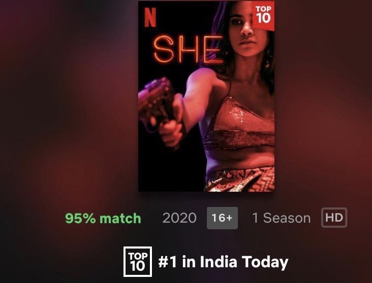 ‘She’ at #1 on top 10 most popular shows on Netflix India. Have you watched it yet?
 #SheOnNetflix
