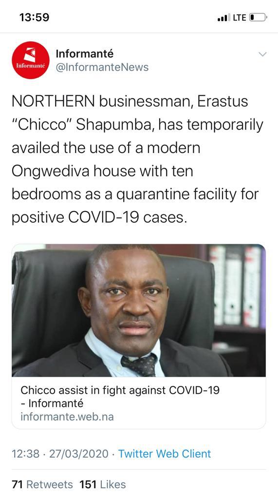 Well done Dr. Shapumba. We need more corporate citizens to please come on the battle ground, and support efforts aimed at arresting Covid-19.