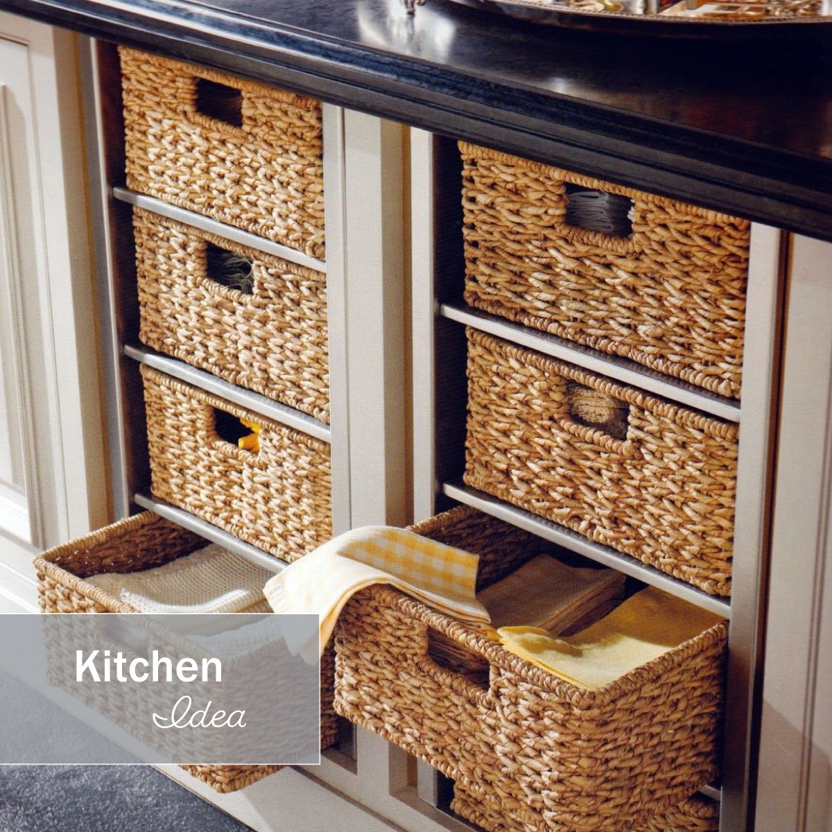 Instead of having drawers in your kitchen, add in sliding wicker baskets, a unique and natural looking asset that's a little bit different 🙌 Not just helpful for storage, but for looking good too! 😊