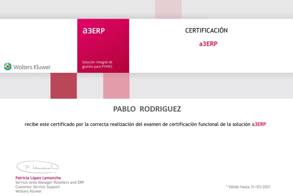 Landinformatica's tweet image. Hoy nos toca felicitar a nuestro compañero Pablo del departamento de #Pymes por haber obtenido la certificación funcional de la solución #a3ERP de @WoltersKluwerEs @WKPymes.

¡Enhorabuena! 👏😊

#teletrabajo #COVID19 #formación #software #gestión