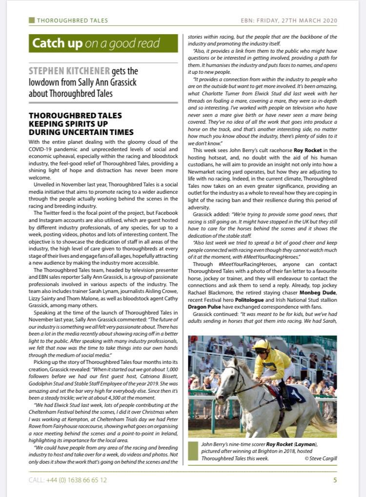 sagrassick's tweet photo. Thank you to @bloodstocknews for their coverage of @ThoroughbrdTale in today’s issue. We have received so much encouraging support from the industry since the creation of #ThoroughbredTales and we still want to see your fan letters for #MeetYourRacingHeroes https://t.co/rVYYwyubk4