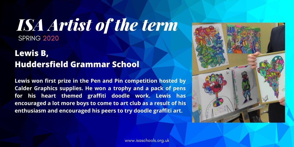 ISAartsUK's tweet image. Our three shortlisted entries for the ISA Spring Artist of the Term are here!
Lewis B from @HGSHead
RT to vote for Lewis as ISA Artist of the Term
Deadline for voting Midday Friday 3 April