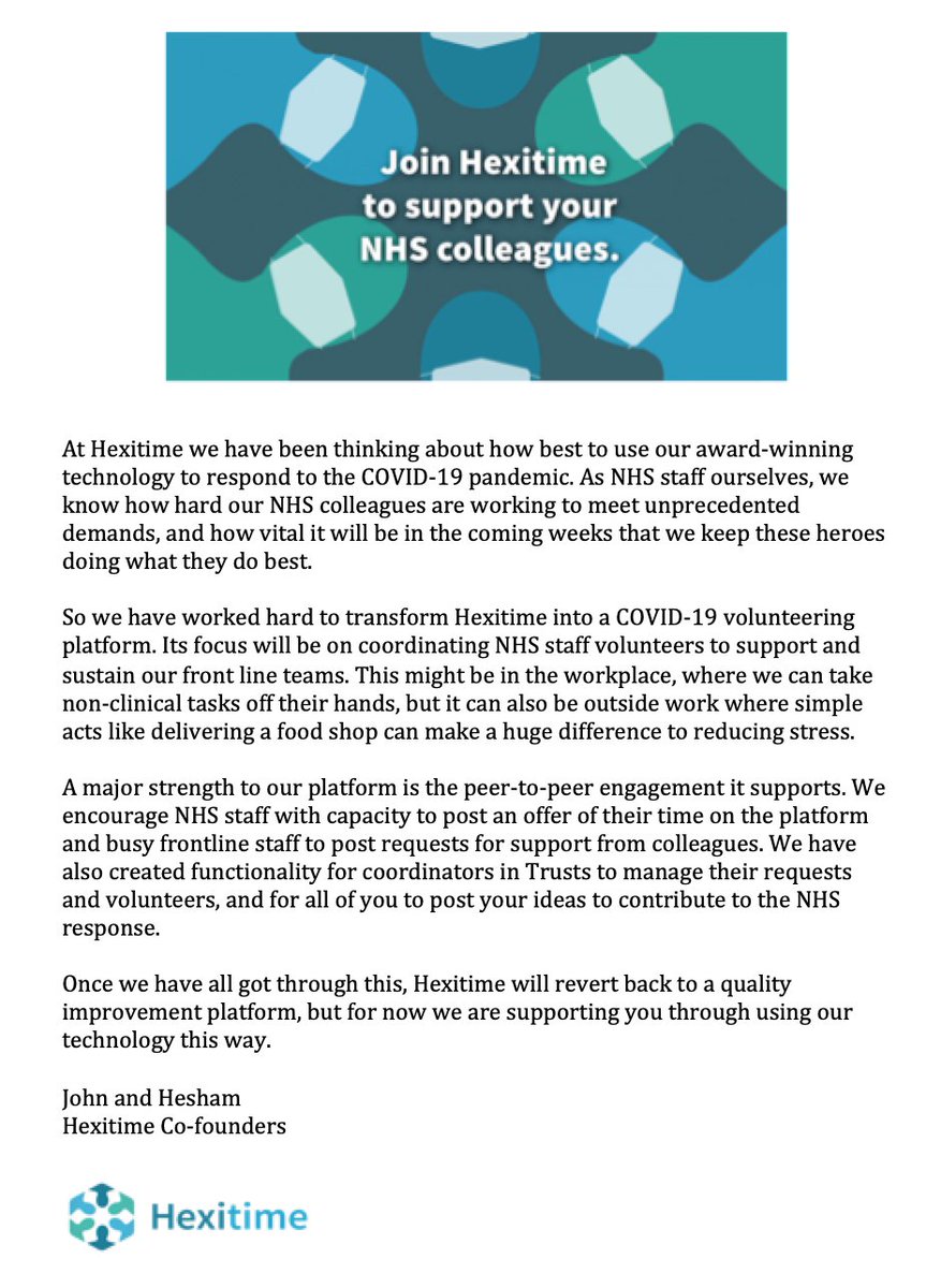 hexitime's tweet photo. We have decided to use our technology https://t.co/rbSTa77xPe through #COVID19 to relieve pressure from frontline NHS workers using peer-to-peer support - a letter explaining all from co-founders @hesham_abdalla and @NHS_Man_John
@KSSAHSN @theQCommunity @ImeneMascri @woolfini https://t.co/qoOAlyCH0T
