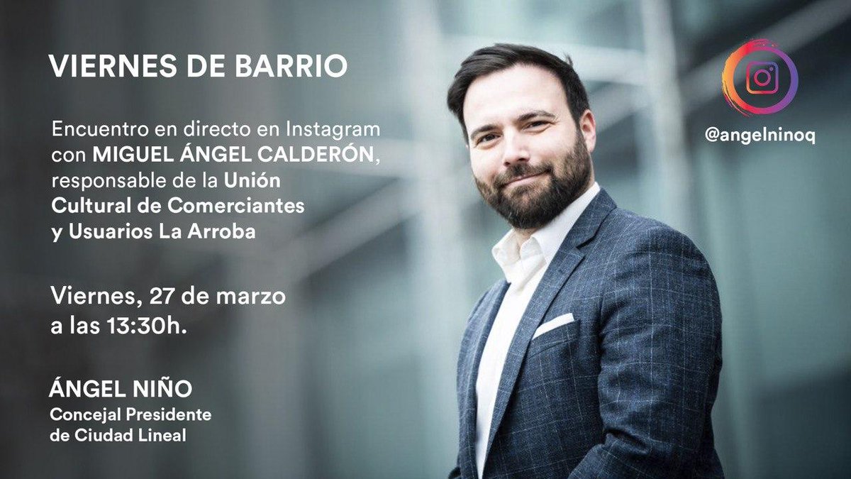 📱En breve nuestro concejal <a href="/AngelNinoQ/">Ángel Niño</a> estará en Instagram haciendo un encuentro en directo en una nueva iniciativa llamada "Viernes de Barrio"

👉🏼 Hoy estará con Miguel Ángel Calderón de <a href="/LaArrobaMAD/">La Arroba</a>

🔛 Pincha en el enlace para poder verlo instagram.com/angelninoq/?hl…
