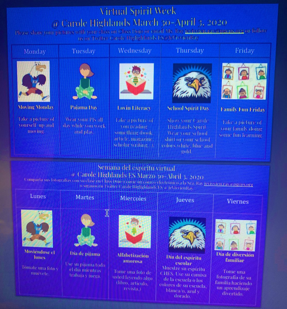 Carole Highlands ES (@principal_ray) on Twitter photo Please join us next week for our virtual CHES spirit week! Please share your pictures with your class on class dojo or email them @ JeVivvien.ray@ogcps.org or tweet them out!!! Please join us next week for our virtual CHES spirit week! Please share your pictures with your class on class dojo or email them @ JeVivvien.ray@ogcps.org or tweet them out!!!