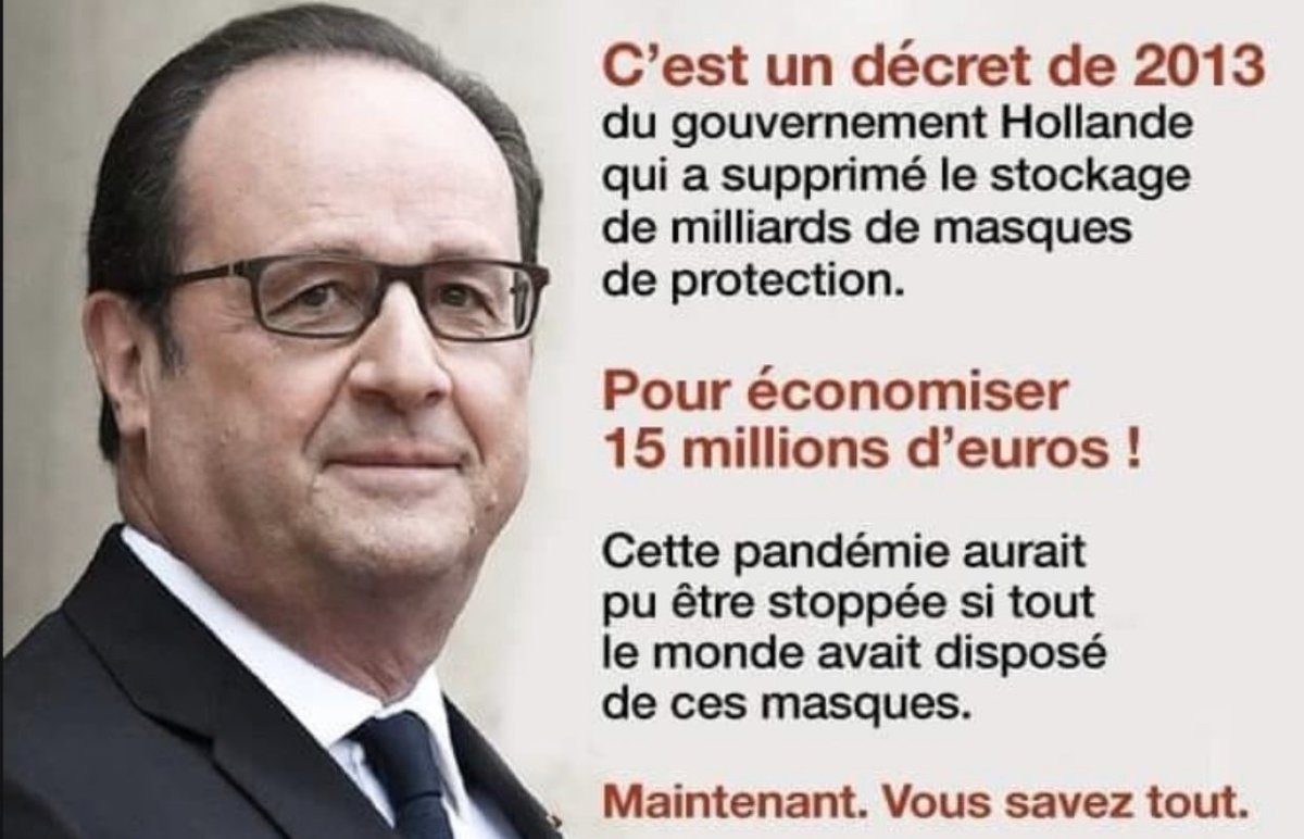linfolibre's tweet image. Vous comprenez pourquoi il se fait tout petit actuellement @fhollande et @MarisolTouraine sont bien les responsables de la pénurie actuelle de masques pour les avoir déstockés... en 2013. #COVID19