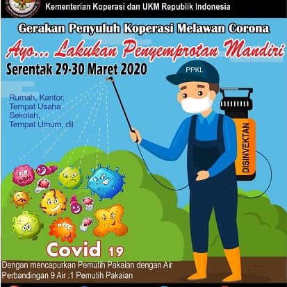 Bersama <a href="/PENYULUH_COOP/">PENYULUH KOPERASI</a> , kita lawan corona dengan lakukan penyemprotan disinfektan mandiri 29-30 Maret serentak Selindo.
#IndonesiaLawanCovid19 
#ppklmelawancorona
#AksiBerantasCovid19 
#ppklkemenkopri
<a href="/depkop/">Kementerian Koperasi</a> <a href="/baguscoop/">Bagus Rachman</a> <a href="/BNPB_Indonesia/">BNPB Indonesia</a> <a href="/jokowi/">Joko Widodo</a>