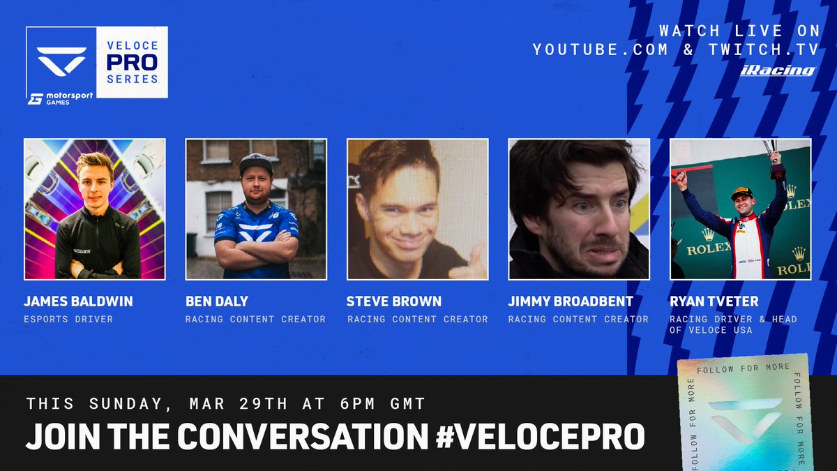 VeloceEsports's tweet image. Joining @LandoNorris this Sunday, welcome to the grid:

🏎️@JaaamesBaldwin
🏎️@Tiametmarduk 
🏎️@F4HSuperGT 
🏎️@JimmyBroadbent 
🏎️@RyanTveter 

#VelocePro by @VeloceEsports
Sunday 29th March 6 pm GMT
LIVE on youtube.com/veloceesports
In partnership with @MSportgames