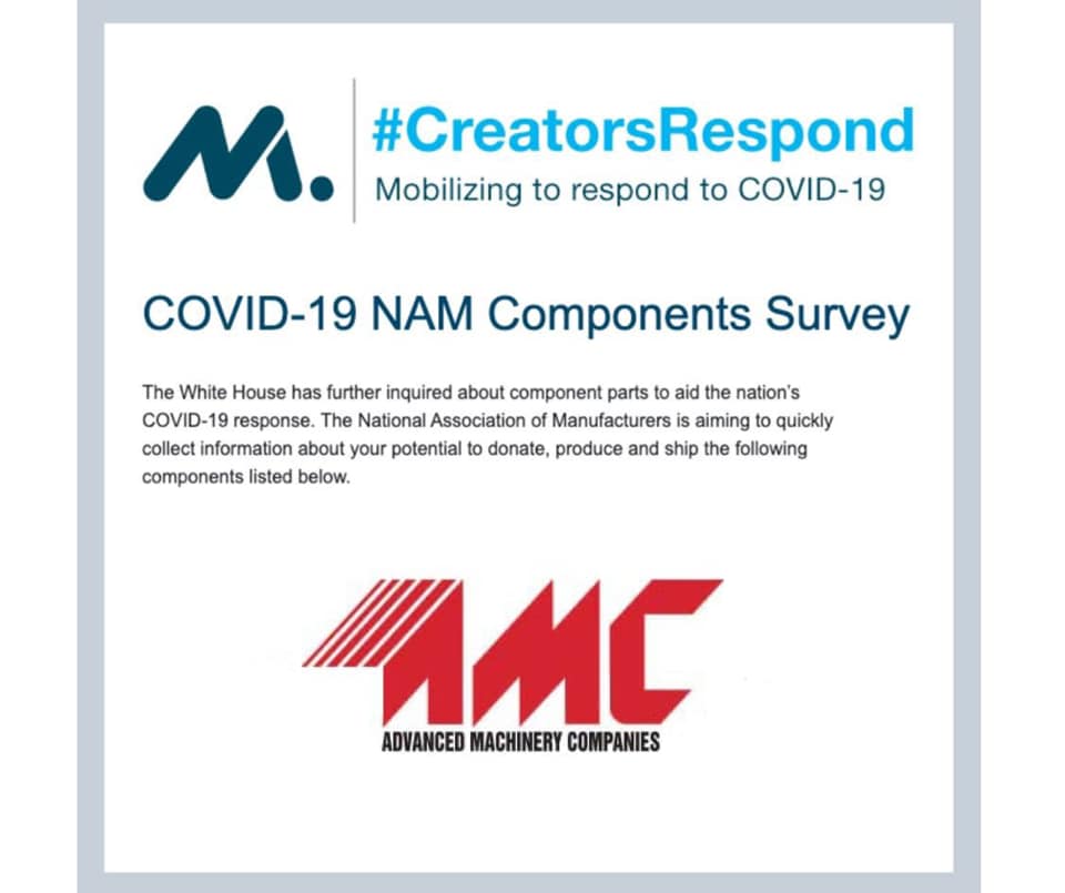 AMCSales's tweet photo. #Manufacturers and #Machinists:
@WhiteHouse  has inquired about component parts to aid the nation’s #COVID.  @ShopFloorNAM is aiming to collect information about your potential to donate, produce and ship the following components listed in the link below.

https://t.co/FlYt6WVSet https://t.co/qgd4mRBJsi