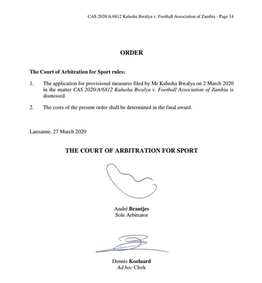 Mutheliso's tweet photo. The Court of Arbitration for Sport (CAS) has dismissed the urgent appeal filed by Kalusha Bwalya against the decision issued by the FAZ Ethics Committee in which the the former @FAZFootball president was declared ineligible to participate in the 2020 FAZ elections.
#ZSNLive https://t.co/ND3BlaZiQF