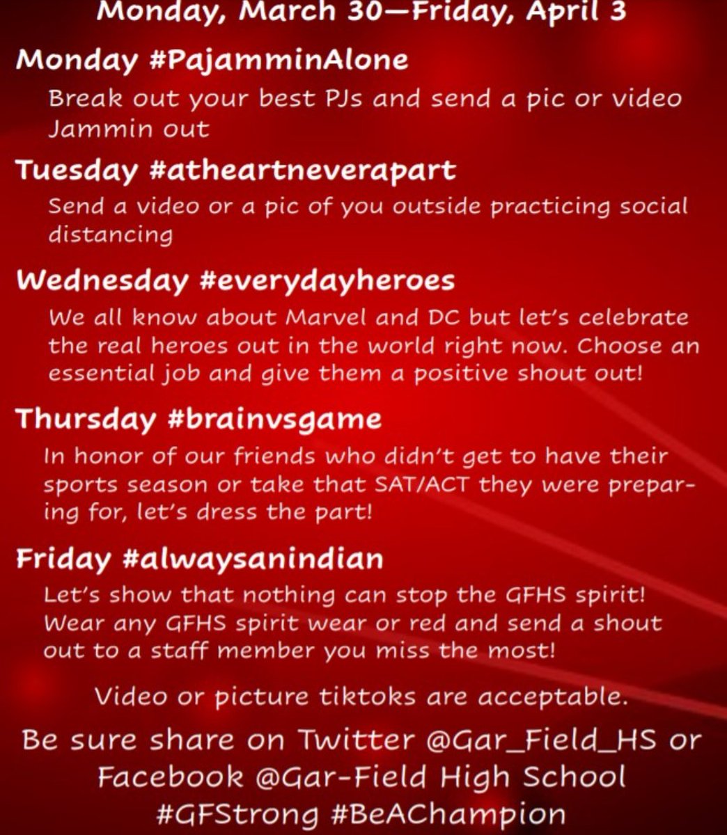 GFHSSALC's tweet photo. Hey #champions did you know that Monday is the start of our #VirtualSpiritWeek 📣 #GFStrong #BeAChampion https://t.co/GtkiilpRXR