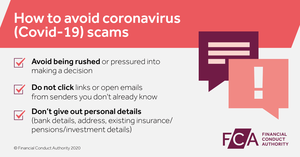 TheFCA's tweet photo. How to protect yourself from #coronavirus related scams https://t.co/6ixEGeQdqE #coronavirusuk #COVID19 #FCAupdate https://t.co/3iI2XO7M47