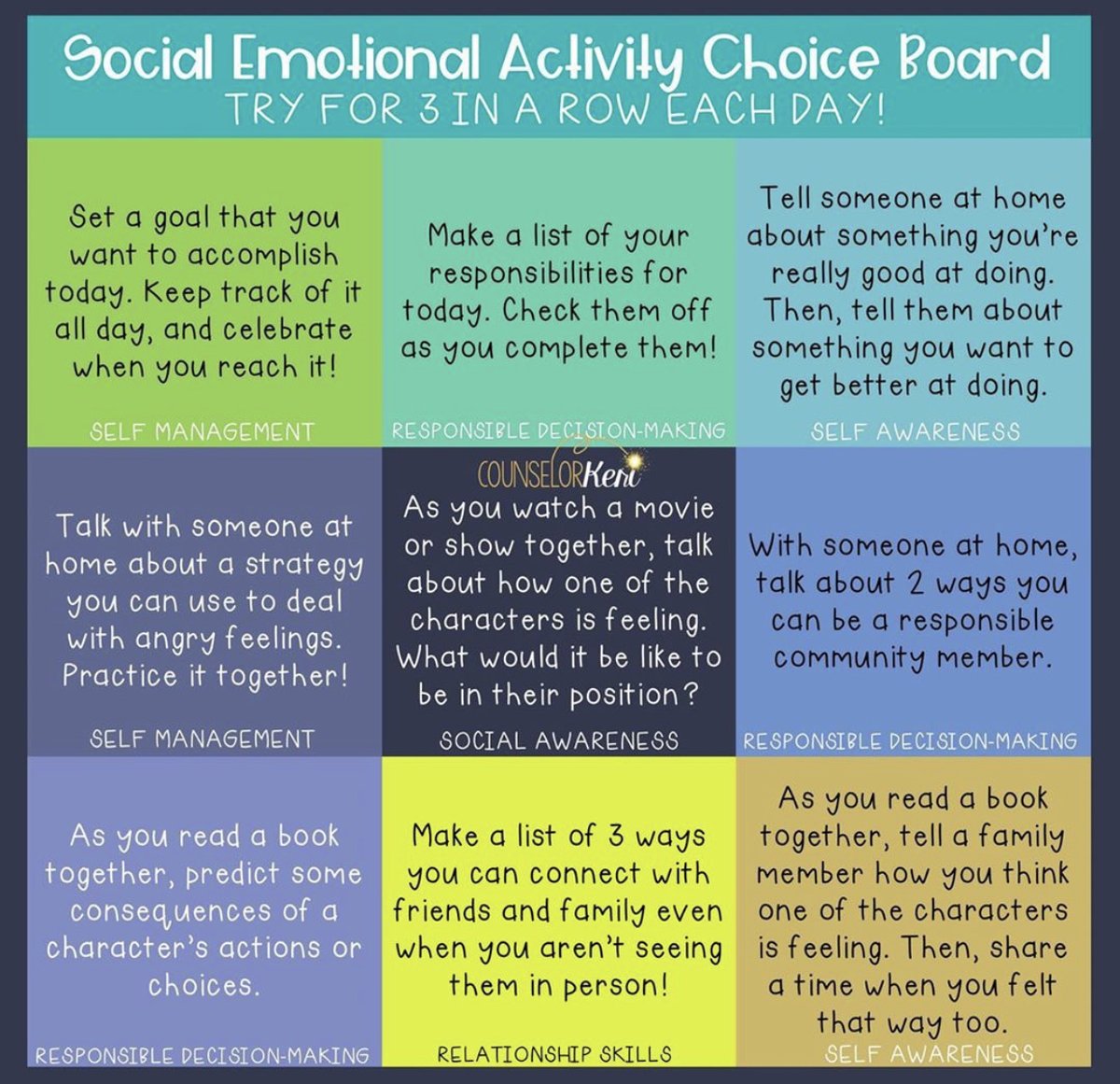 MsGlynnGuides's tweet photo. Today is International #SELDay.  Check out this SEL Choice board for some ideas of how you can participate today!  Thanks @MurilloCounsels for sharing this great find! #HTPSWellness #remotelearning #SELDayNJ https://t.co/igMV7QpF7g