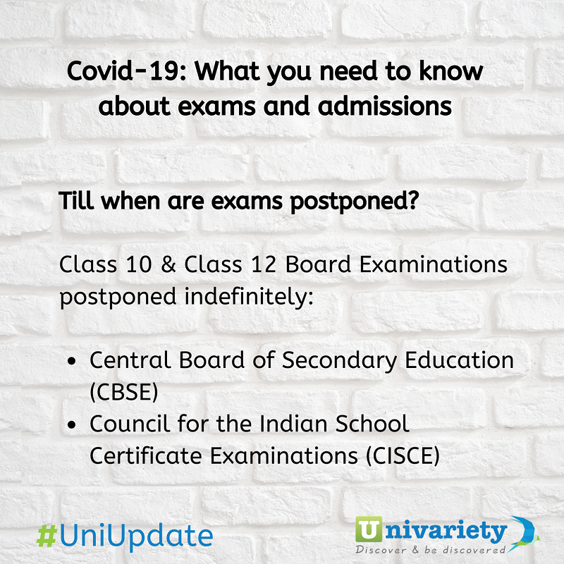 Univariety's tweet photo. #UniUpdate -Till when are exams postponed?
Sharing the latest information you need about exams and admissions. Read here to know more: https://t.co/oXRwTh8Q5M
#Updates #Education #exams #examnews #EduNews #EduUpdates #covid19 #coronavirus #Univariety #LearnWithUnivariety https://t.co/P9R6uRW4Pi
