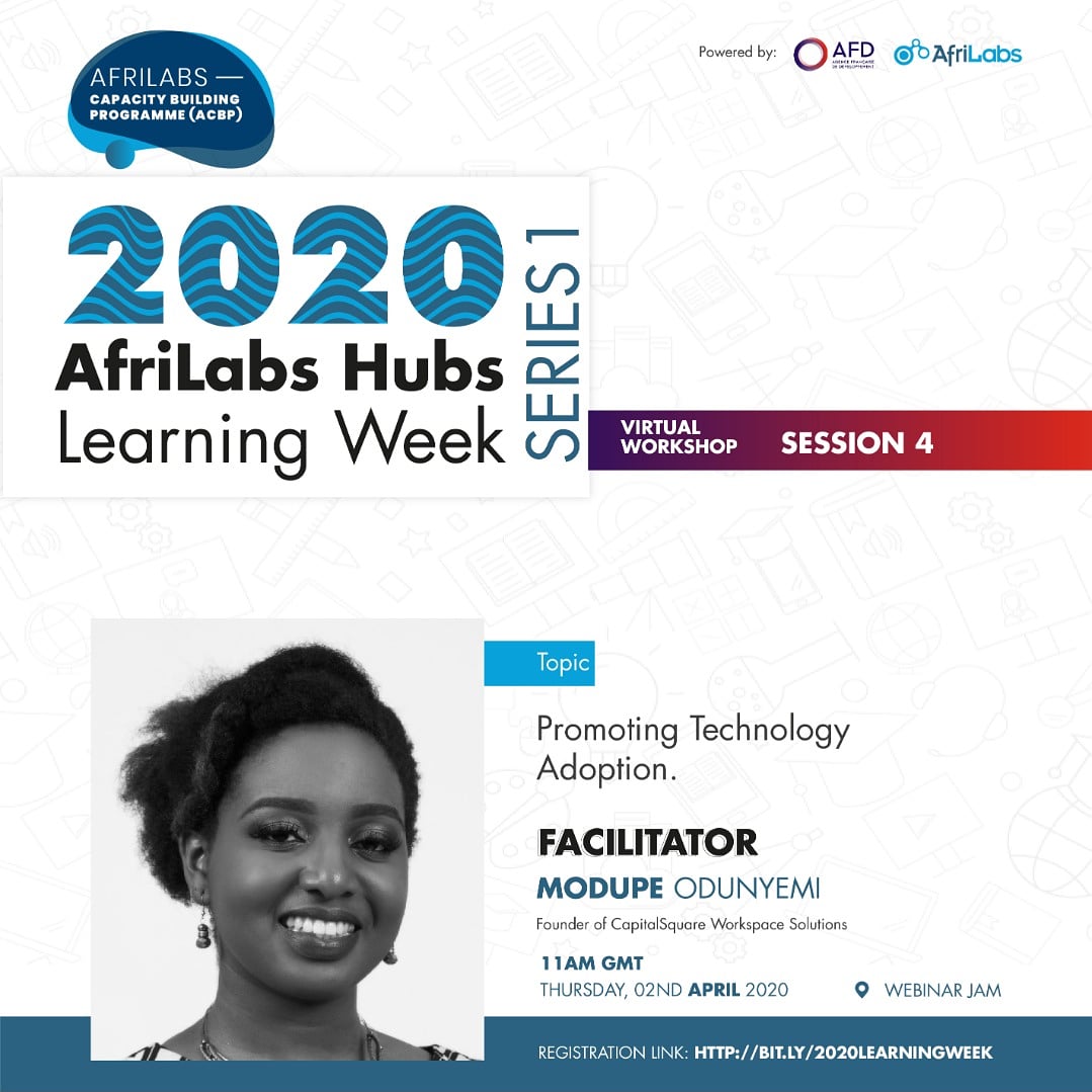 AfriLabs's tweet photo. We are delighted to have Modupe Odunyemi, Founder of @CapSqr Workspace Solutions, Nigeria. She has helped to provide a base of operations for entrepreneurs and start-ups while providing other forms of business support and promoting collaboration by building a community https://t.co/le7VIqk0Z6