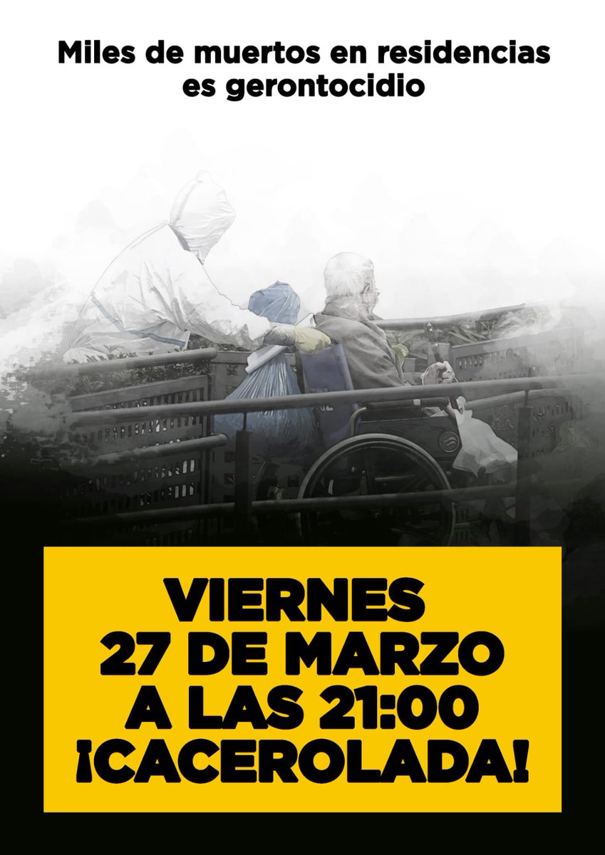 PorSociales's tweet photo. #TuIndignacionAlBalcon
#SanidadPublica
Hoy viernes 21.00h. Sal otra vez al balcon y con tu cacerola por tus mayores. Ellos no se merecen esto. Contra oa privatizacion de las residencias de ancianos y la sanidad publica. 1500 mayores muertos!!! 😢 https://t.co/4g0WfilSaR