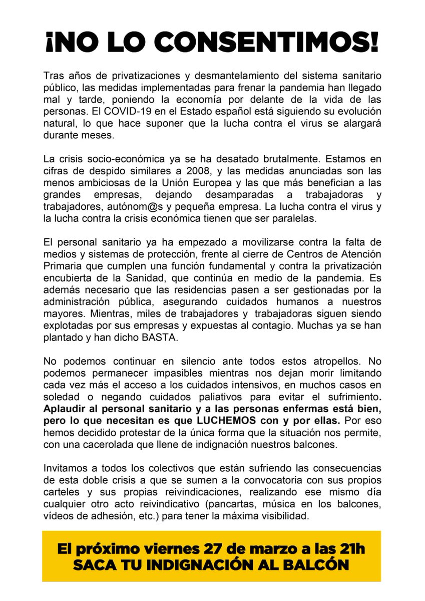 PorSociales's tweet photo. #TuIndignacionAlBalcon
#SanidadPublica
Hoy viernes 21.00h. Sal otra vez al balcon y con tu cacerola por tus mayores. Ellos no se merecen esto. Contra oa privatizacion de las residencias de ancianos y la sanidad publica. 1500 mayores muertos!!! 😢 https://t.co/4g0WfilSaR