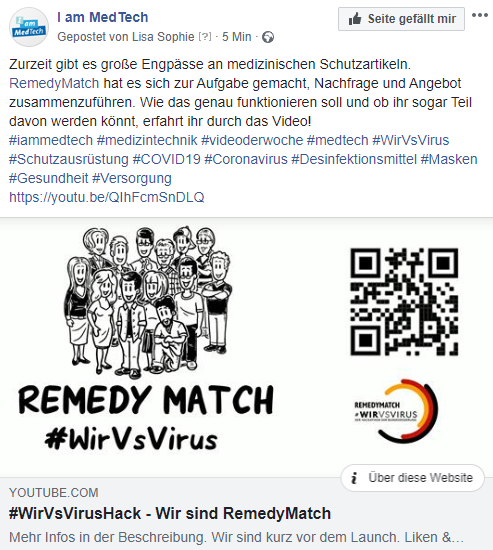 BVMed's tweet photo. Unser #MedTech-Video der Woche:
Es gibt große Engpässe an medizinischen Schutzartikeln. #RemedyMatch will Nachfrage und Angebot zusammenzuführen. Wie das genau funktioniert, zeigt das Video:
https://t.co/TtbmjDCXNw
#iammedtech #medizintechnik #WirVsVirus #COVID19 #Coronavirus https://t.co/Ltcz7OxlHO