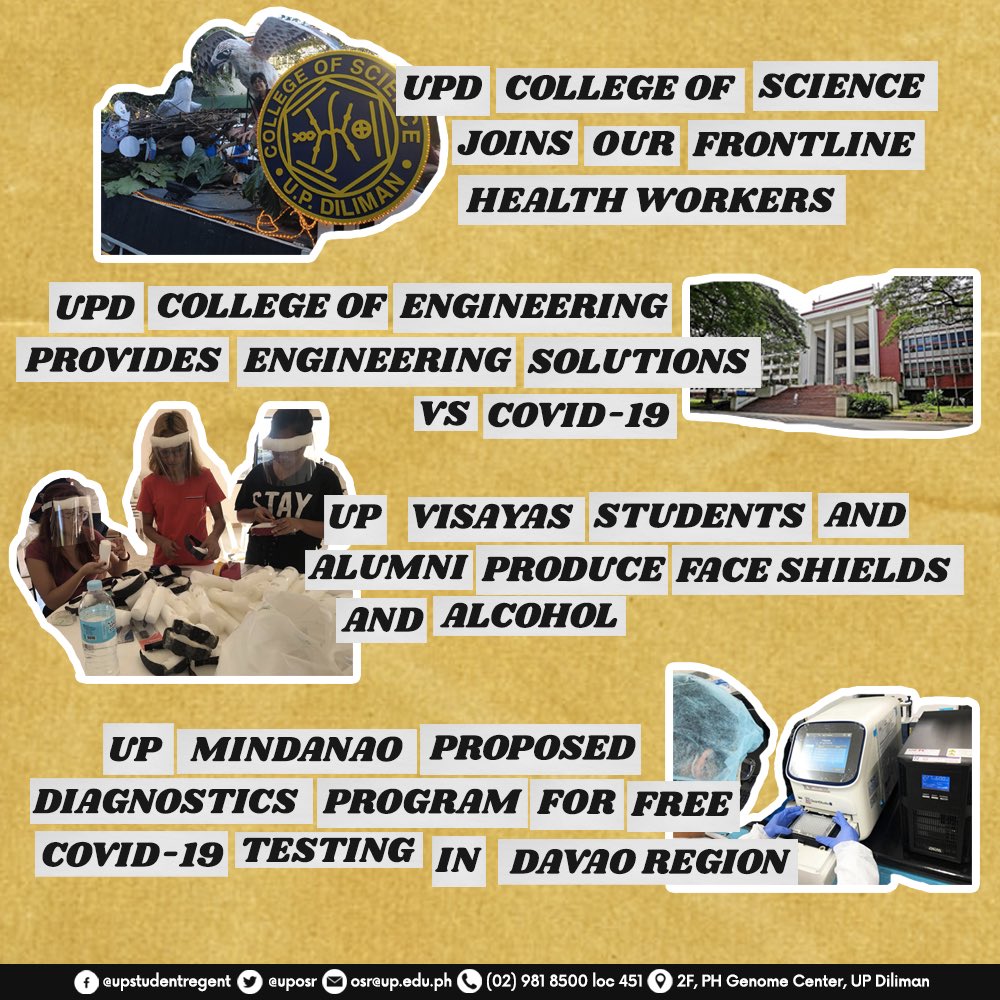 uposr's tweet photo. A LOOK ON THE SERVICE OF THE UP COMMUNITY IN THE FIGHT AGAINST COVID-19

This is to honor the dedicated, fearless members of UP as we face this challenge together as a nation. Read: https://t.co/IICuo7EPwu

Paglingkuran ang Sambayanan! https://t.co/kBQslKe7tt