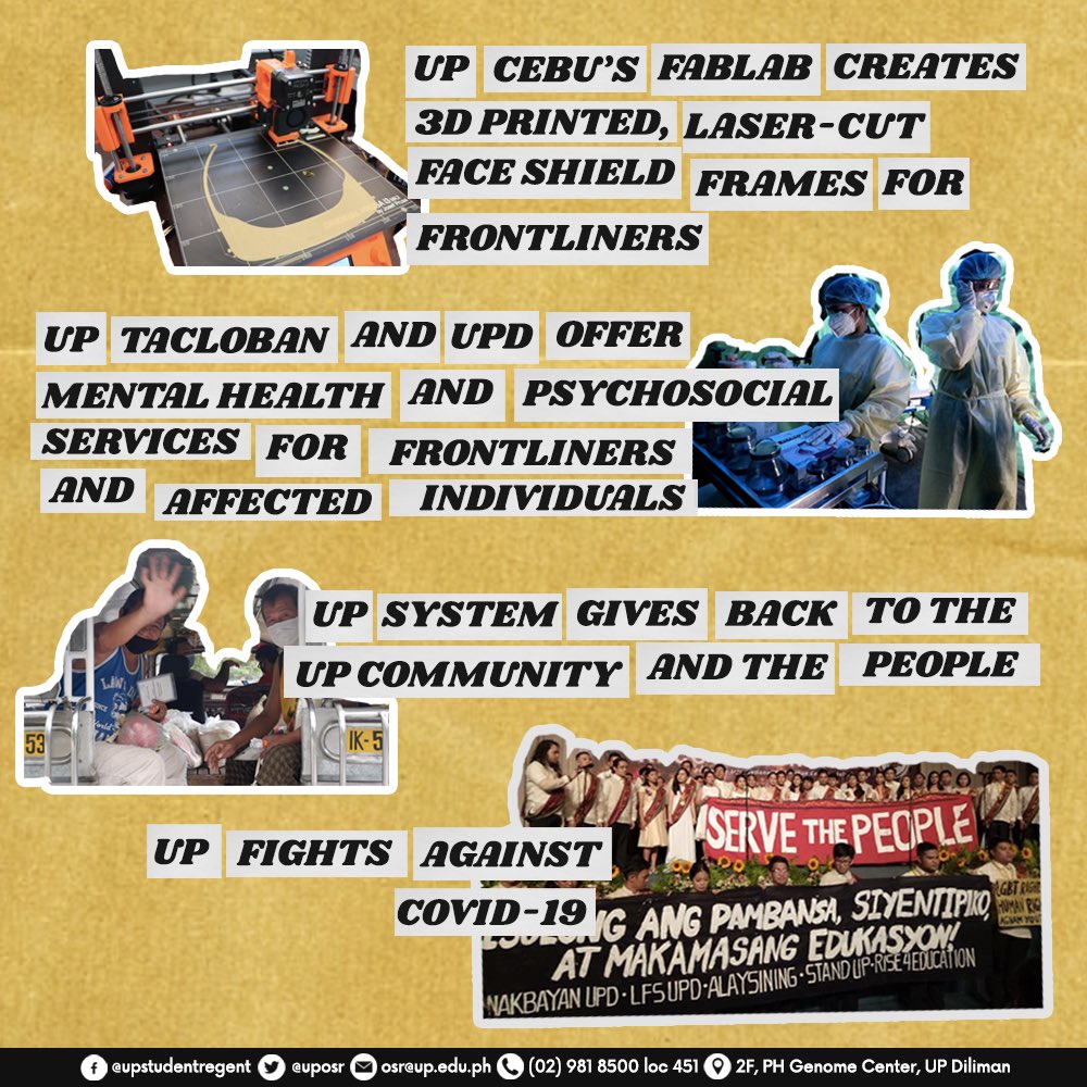 uposr's tweet photo. A LOOK ON THE SERVICE OF THE UP COMMUNITY IN THE FIGHT AGAINST COVID-19

This is to honor the dedicated, fearless members of UP as we face this challenge together as a nation. Read: https://t.co/IICuo7EPwu

Paglingkuran ang Sambayanan! https://t.co/kBQslKe7tt