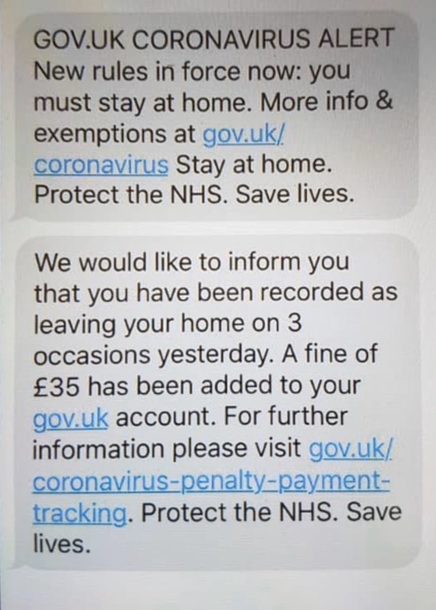 🚨*SCAM ALERT*🚨

The first message is genuine. Many of us received it. The second message is fake. If you received the second message DO NOT touch it. The scum are still out there... #UKlockdown #CoronaVillains #Coronavirus #COVID19