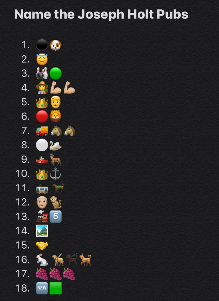 Can you name all of the Joseph Holt pubs? 🧐

#FridaySpecial #EmojiQuiz #JosephHolt