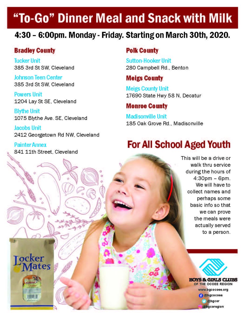 The Boys and Girls Club of the Ocoee Region will start providing "To-Go" Dinner Meals and Snacks with milk starting Monday, March 30 from 4:30 p.m. - 6:00 p.m.