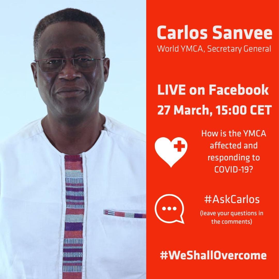 Join us today for a Facebook Live event with Carlos Sanvee on the World YMCA  Page at 9 am Friday, March 27th  CST/ 10 am EST. Carlos will share the first update on how YMCA’s around the world are affected and responding to the COVID-19 crisis. #YMCAStandsTogether  
#BecauseY
