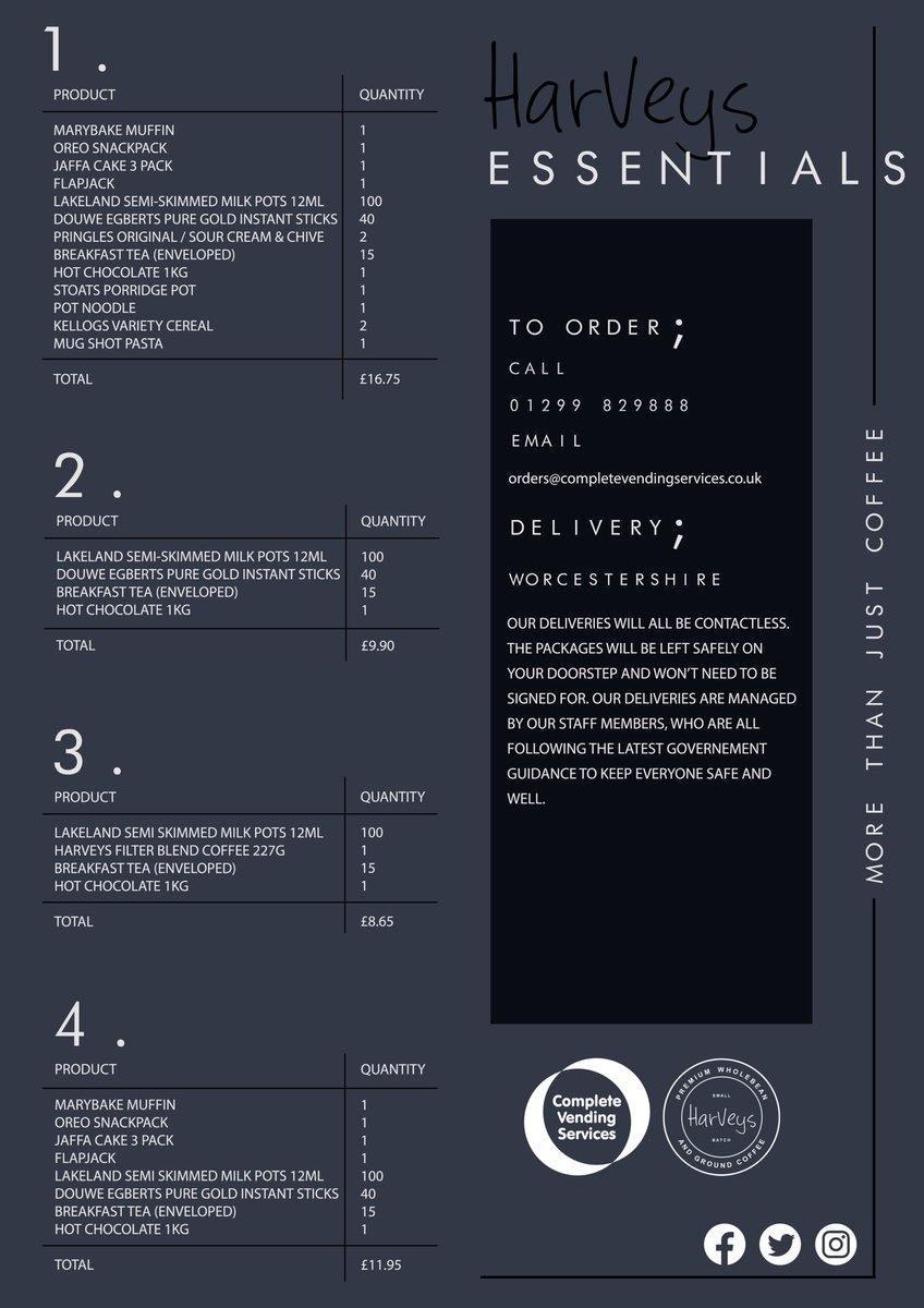 𝐇𝐚𝐫𝐯𝐞𝐲𝐬 𝐄𝐬𝐬𝐞𝐧𝐭𝐢𝐚𝐥𝐬 | have you seen our ‘essential packages’!?

For more information and to order, please call 01299829888

orders@completevendingservices.co.uk 

#morethanjustcoffee