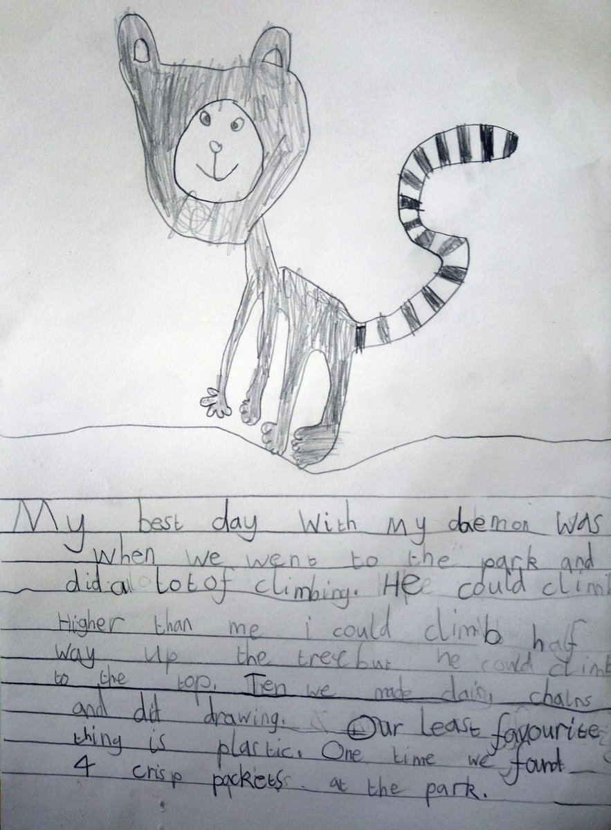 quitekate's tweet photo. @darkmaterials @BadWolf_TV @BBCOne @HBO Our 7 year old Lyra's daemon (and a sneaky literacy exercise). #DrawMyDaemon https://t.co/6eyEhyCpkU
