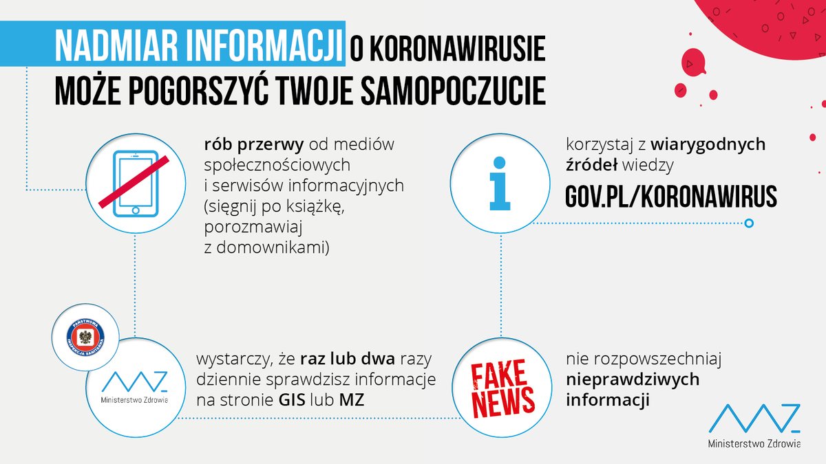 MZ_GOV_PL's tweet photo. 👨‍💻Nadmiar informacji o #koronawirus może źle wpływać na Twoje samopoczucie:
Rób przerwy od social mediów📱👉 📵
Sprawdzaj informacje na stronach @GIS_gov i #MZ ℹ
Dowiedz się, gdzie uzyskać wsparcie ➡ https://t.co/3W7NncMpBc https://t.co/ghO4mNNOTe