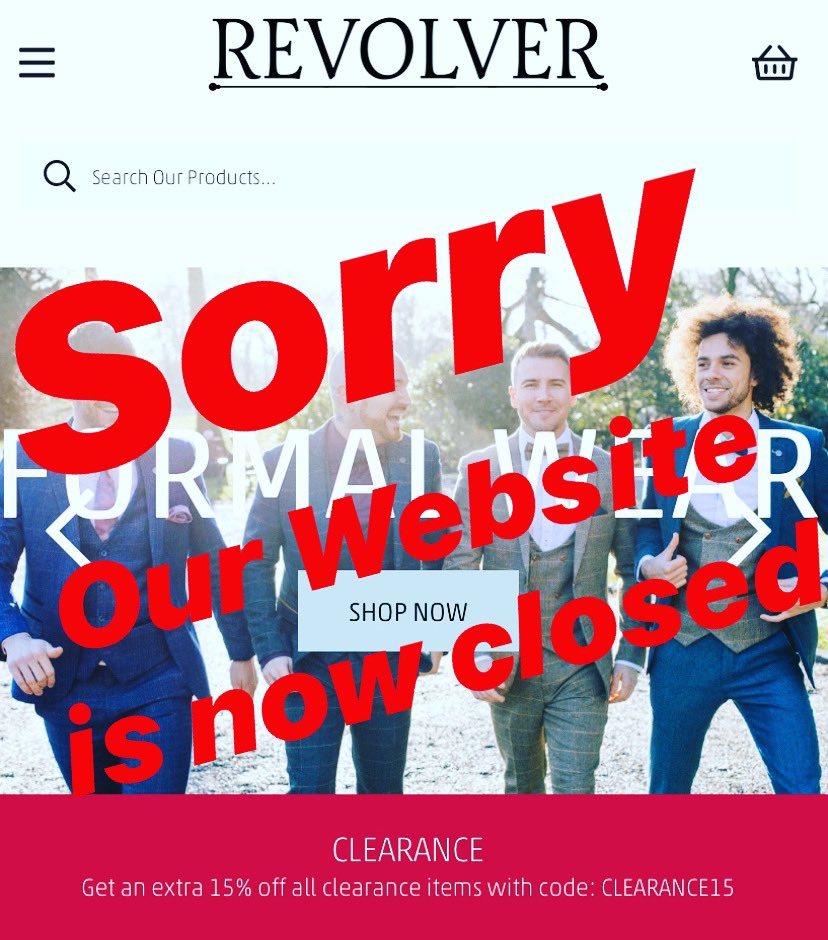 Revolver Menswear (@revolverdn1) on Twitter photo We’re sorry but we’ve taken the decision to cease trading from our website for the foreseeable future as a result of COVID-19.
Apologises for the inconvenience but know that you’ll understand.
Please DM us or email revolvermenswearclothing@gmail.com with any queries.
Take care 🖤 We’re sorry but we’ve taken the decision to cease trading from our website for the foreseeable future as a result of COVID-19.
Apologises for the inconvenience but know that you’ll understand.
Please DM us or email revolvermenswearclothing@gmail.com with any queries.
Take care 🖤