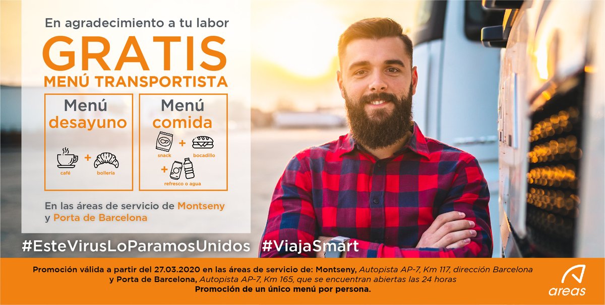 Areas_ES's tweet photo. Queremos agradecer la labor de los #transportistas y facilitar el desarrollo de su actividad, ofreciéndoles un menú de desayuno y comida gratis en las áreas de servicio de Montseny AP-7 km 117 y Porta Barcelona, AP-7 km 165, que están abiertas las 24 h. #EsteVirusLoParamosUnidos https://t.co/jfuHxbypPW
