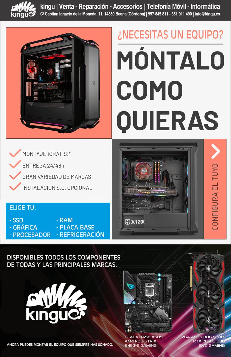🖥🖱⌨️ ¿NECESITAS UN EQUIPO? ⌨️🖱🖥

Son muchas las personas que en estos días en casa necesitan de un equipo por motivos de trabajo o por motivos de ocio personales 👩‍💻👨‍💻. Pues aprovecha este confinamiento para montar tu equipo a medida con los mejores componentes. Es el momento.
