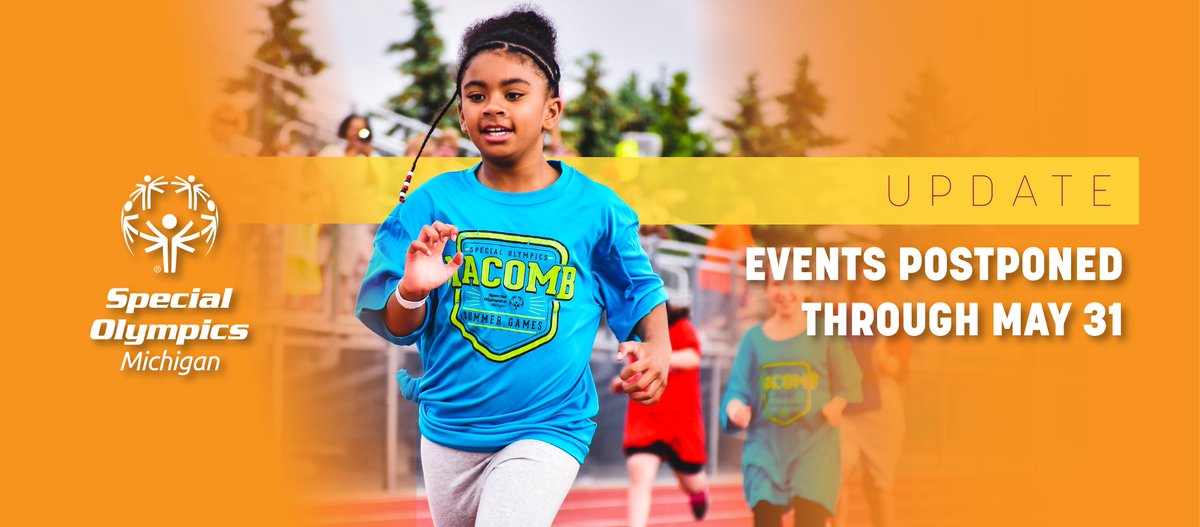 SpOlympicsMI's tweet photo. Special Olympics Michigan has made the difficult decision to postpone the State Summer Games. We are currently working on rescheduling and modifying the State Summer Games with a tentative placeholder for the week of July 20. Complete details here: https://t.co/GhVMpivmEv #somisg https://t.co/FLqmyBL4M3