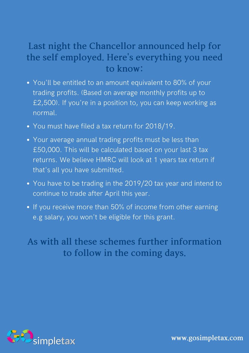GoSimpleTax's tweet photo. Last night the Chancellor announced help for the self employed. Here we've highlighted everything you need to know 👇

#SelfEmployed #Tax https://t.co/4r1bEqp70S