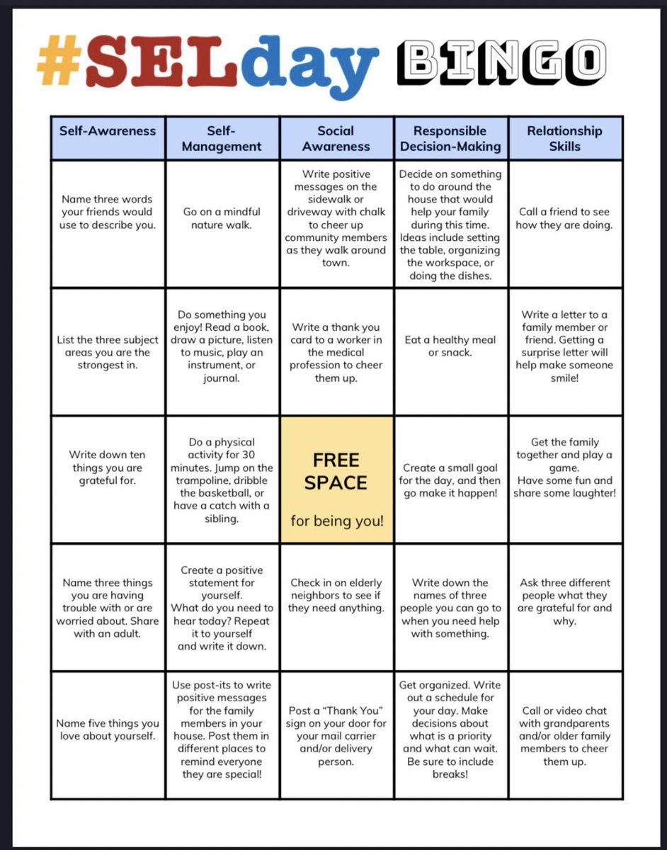 DDEGambino's tweet photo. Happy #SEL day, Generals! We challenge you to take a few minutes today to focus on your social and emotional well being! Need some ideas? Check out this #SELday Bingo! Send us a picture if you tackled any of these! We miss you! #ddeempower https://t.co/tmu4BQaMvL