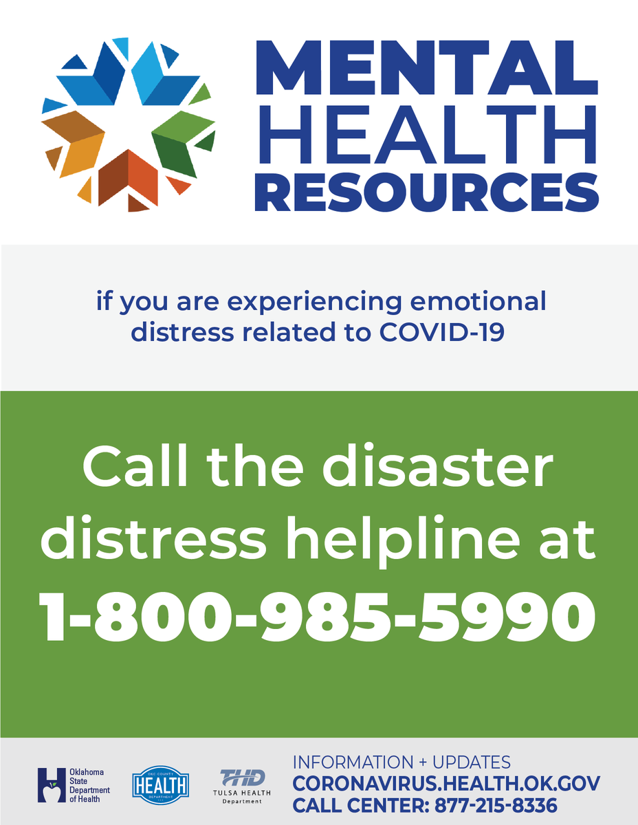 HealthyOklahoma's tweet photo. If you are overwhelmed by anxiety related to #COVID19, please call the disaster distress helpline at 1-800-985-5990. https://t.co/Ekj1BrrBiA
