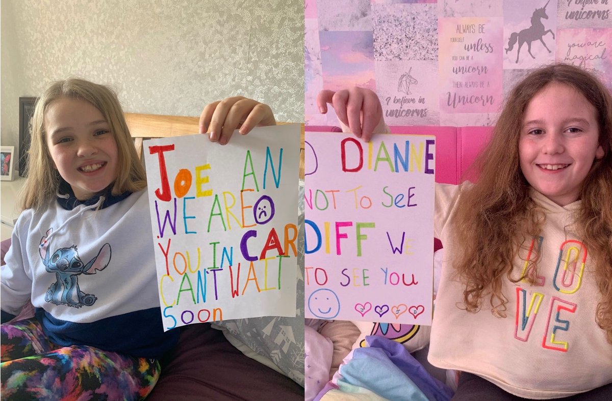 TattyandLani's tweet photo. @Joe_Sugg @dbuzz6589 @leahlloyd83 lots of tears over tonight’s show being postponed. Lani and Jessica can’t wait to see you. Sending you this from 2 houses in isolation xx #no1fans #bffs https://t.co/AOCHFl2YG5