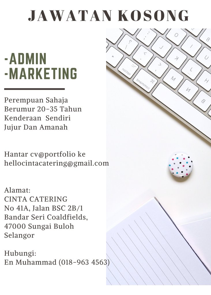 cintacatering_'s tweet photo. JAWATAN KOSONG

-Admin Marketing
-Admin Assistant

(kelayakan)
* Perempuan Sahaja 
* Berumur 20-35 Tahun
* Kenderaan  Sendiri
* Jujur Dan Amanah https://t.co/9b7XtB6RS6