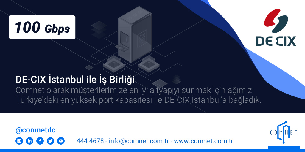 comnetdc's tweet photo. DE-CIX İstanbul ile İş Birliği
Comnet olarak müşterilerimize en iyi altyapıyı sunmak için ağımızı Türkiye'deki en yüksek port kapasitesi ile DE-CIX İstanbul’a bağladık. @DECIX_TR @DECIX
#comnet #verimerkezi #datacenter #comnetdatacenter #decix #ixp #isp #exchangepoint https://t.co/hcd3QRyei1