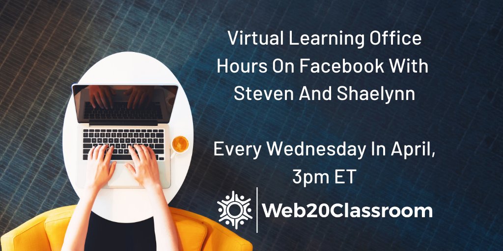 web20classroom's tweet photo. Join @shfarnsworth and I every Wednesday in April for Virtual Learning Office Hours. 

✨Learning The Basics

✨Recording Videos

✨Supporting Literacy

✨And More!

Live streamed from Facebook at 3pm ET/12pm PT for 30 Mins of Awesome!

https://t.co/RRbnHf067a https://t.co/tzZOWBcdYR