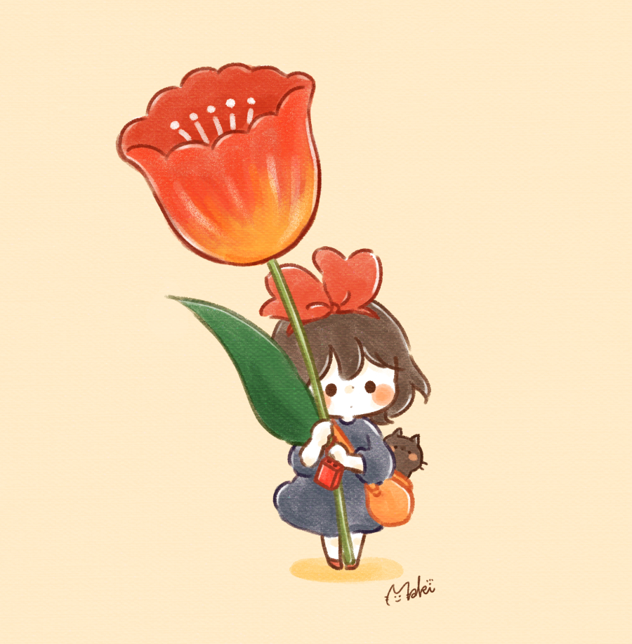kiki (majo no takkyuubin) 1girl flower cat dress short hair signature bag  illustration images