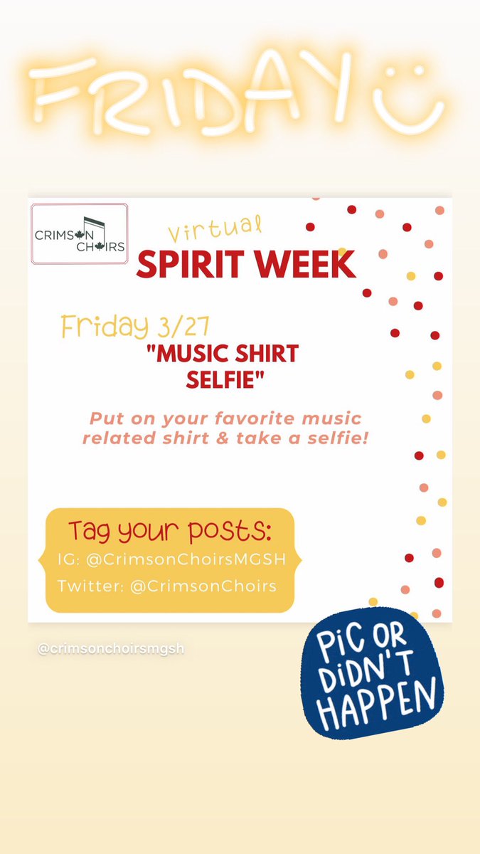 We made it to Friday! Celebrate by putting on a comfy music-related shirt and then show it off to everyone in a selfie 🎶📸 😀
#VirtualSpiritWeek #CrimsonChoirs