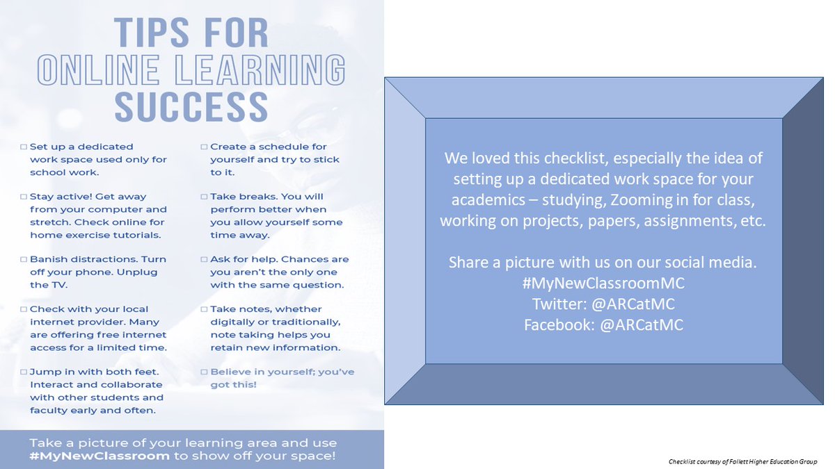 ARCatMC's tweet image. Here's a neat checklist to help folks stay focused on academic success. 
We especially loved the idea of setting up a dedicated work space for your academics – studying, Zooming in for class, working on assignments, etc. Share a picture with us at #MyNewClassroomMC #ARCatMC
