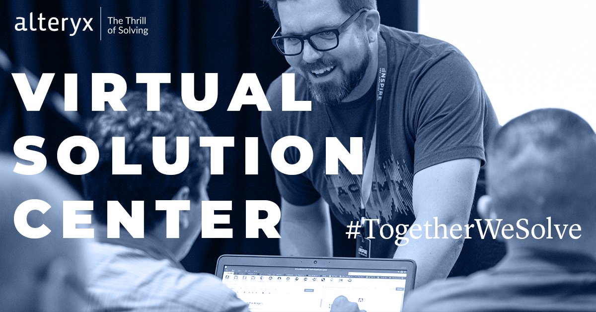 alteryx's tweet photo. We’re introducing the Virtual Solution Center to bring you support where and when you need it. The VSC connects you with Alteryx experts in real-time; our team is standing by to help you tackle your #analytics challenges. Visit us here: https://t.co/7ivTfL1wcR #TogetherWeSolve https://t.co/jJkodFJPMd