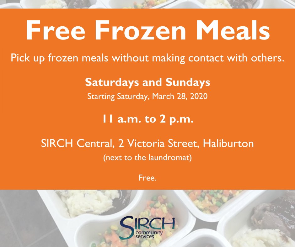 If you are struggling with having enough food, you can pick up free frozen meals on Saturdays and Sundays (11AM-2PM) at 2 Victoria Street, Haliburton (next to the laundromat). #myhaliburtonhighlands