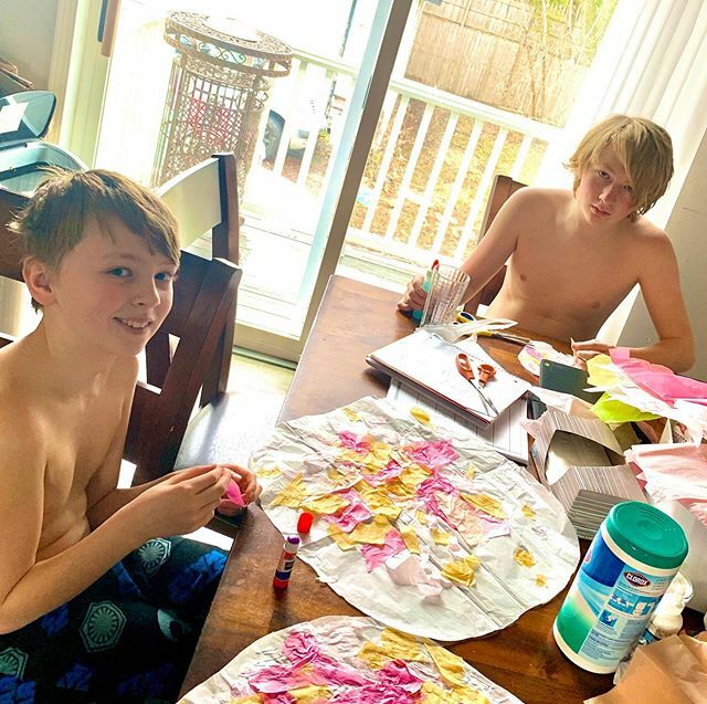 jwitteone's tweet photo. One enjoys art with Mom, one does not. Both hate wearing shirts, I hate laundry so they go shirtless for days and days. https://t.co/u3HIuqHj0X https://t.co/yqVdBoqLKw